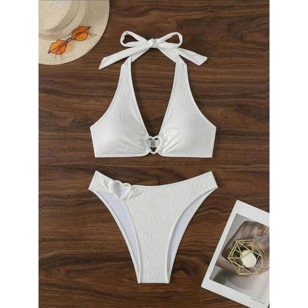 Floral Jacquard Heart Bikini White Y2K Triangle Halter Bandage Push Up Swimsuit Tanga Women Backless Vacation Swimwear Beach Set H260309