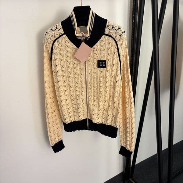 Women Crochet Knit Cardigan Retro Stand Collar Zip Up Sweater Jacket Street Style Hollow Out Knitwear Coat