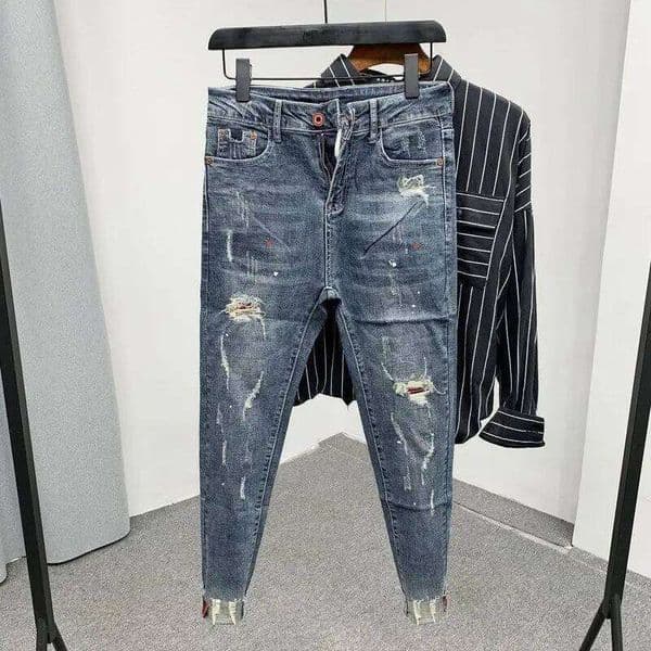 2023 Luxury Fashion Men's Pants Korean Style Jeans Washed with Cat Whisker Holes Colorful Paint Splatters Slim Trousers C260310