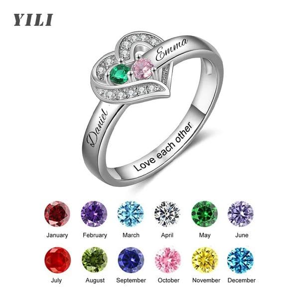 Personalized 1-8 Birthstone Rings Custom Engraved Name Ring Customized Promise Heart Birthstone Ring Gifts for Family Women 260303