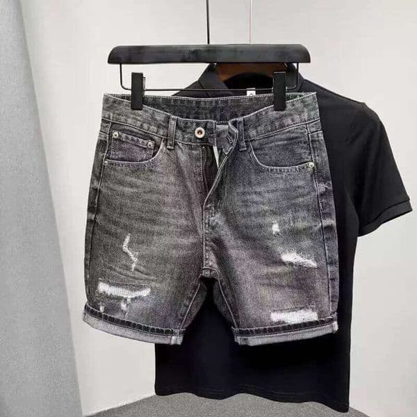 Summer New Denim Shorts Men's Trendy Slim-fit Small Straight Hole Retro Washed Korean Luxury Clothing Ripped Jeans Man L260310