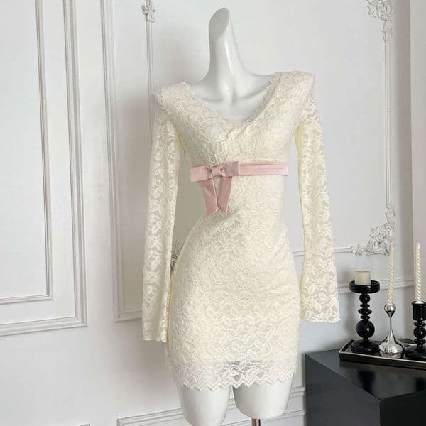 French ladies' elegant color blocked lace cross V-neck long sleeved dress suitable for women's slim fit dress thumbnail 2