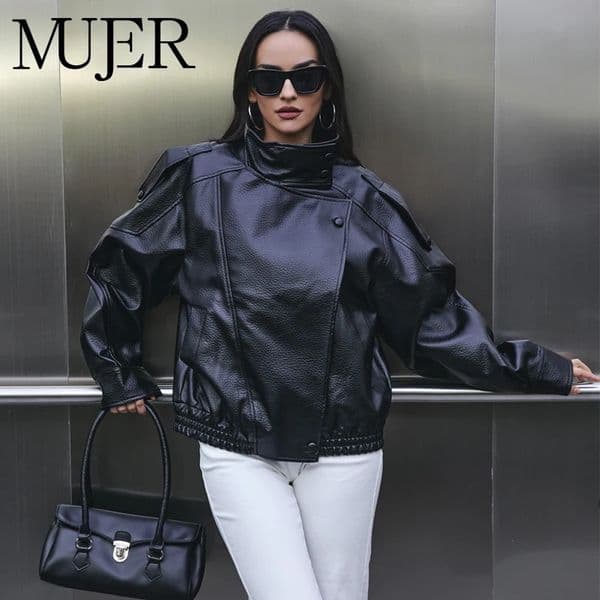MUJER Faux Leather Womens Jacket Black Oversize Bomber Jackets for Women Outerwears Winter Overcoat Female Fashion Woman 260310