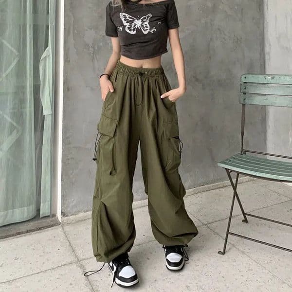 Women Casual Baggy Cargo Pants Solid Low Waist Joggers Tech Pants Drawstring Wide Leg Baggy Trousers Y2K Streetwear Sweatpants 260304