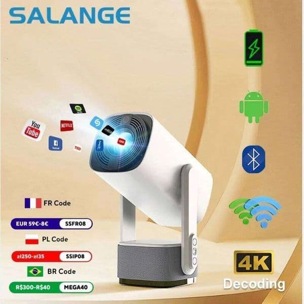 Salange 4K Projector K2 Smart Android11 Built-in Battery Speaker WIFI Auto Focus Keystone Free-Style for Outdoor Movie 26Y0310