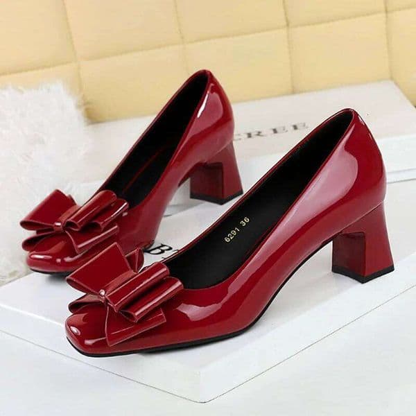 Women 5cm High Lady Classic Elegant Butterfly Knots Low Heels Pumps Female Block Heel Square Toe Versatile Party Shoes