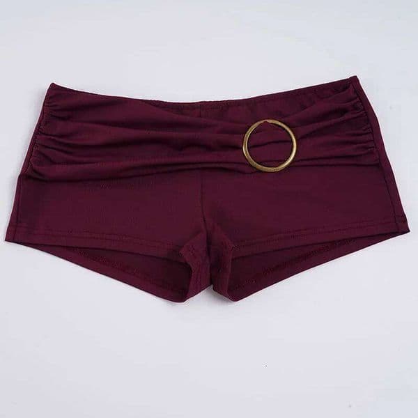 2026 New Women's Sexy Burgundy Pleated Metal Buckle Low Waist Slim Casual Shorts C260309