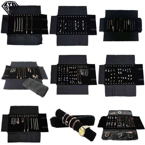 Portable Travel Jewelry Roll Bag Black Velvet Pendant Necklace Bracelet Storage Case Watch Bangle Ring Earring Organizer 26W0310