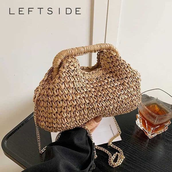 LEFTSIDE Chain Woven for Women 2025 Ladies Eco-friendly Shoulder Bag Females Beach Raffia Crossbody Bags Handbags H260310