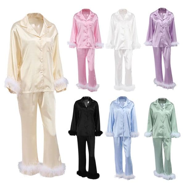 Women Spring Fall Soft Pajamas Sets Fur Feather Trim Long Sleeve Button Satin Silk Shirts Pants Loungewear Sleepwear Homewear 260306