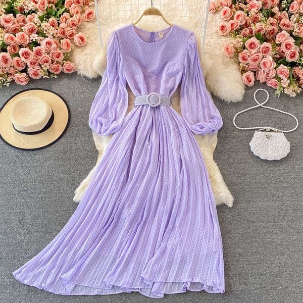 2026 vacation style beach long dress with waistband and big hem chiffon dress with polka dot pattern for autumn wear thumbnail 2
