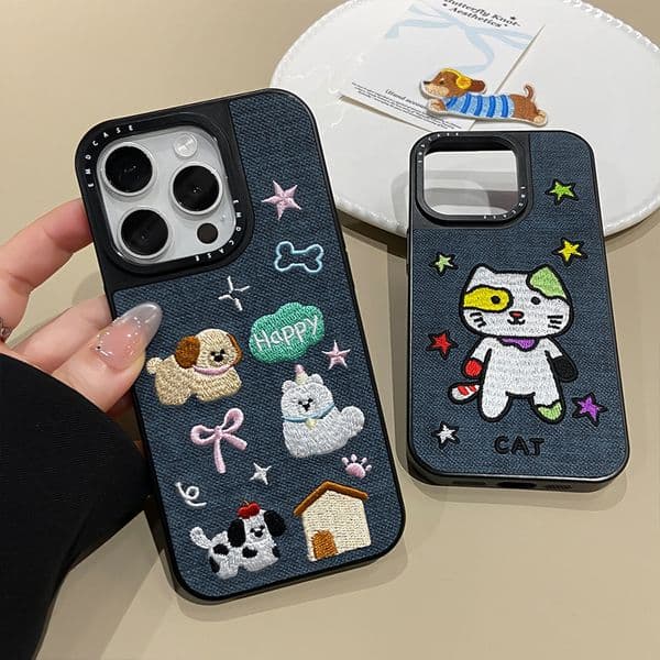 Embroidered Puppy Phone Case For Iphone 17 16 15 14 13 Pro 12 11 Max Plus 16Pro Handmade 16Promax Phone Case 15Pro Fabric 15Promax Cover 14Pro 14Promax 13Promax Shell