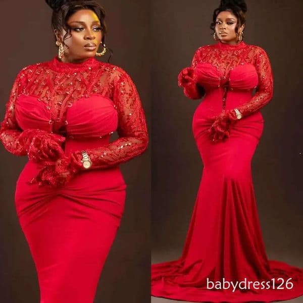 Red Mermaid Prom Dresses Plus Size Lace Crystals Beaded Satin Evening Formal Party Second Birthday Engagement Gowns Dress For Special Occasions