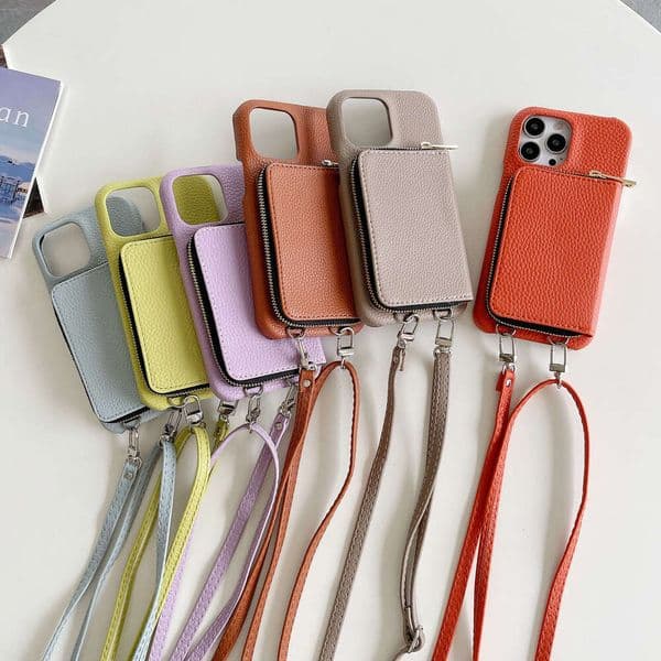 luxury Zipper Card Holder Lanyard Compatible with iPhone 17 Case Apple 16 Pro Max Lychee Pattern Protective Cover 12