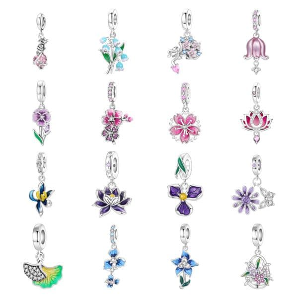 Plant and Flower Charm Iris Cherry Blossom Pendant Beaded Jewelry Bracelet Necklace Accessories Silver