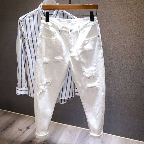 New White Jeans Men All-match Fashion Ripped Hole Slim Stretch Harem Pants Comfortable Male Streetwear Denim Trousers C260310