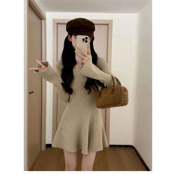 French Style V-neck A-Line Mini Dress Long Sleeve Knitted Slimming Women's Clothing Soft Sexy Vibe Waist-Defining Autumn Winter Z260311