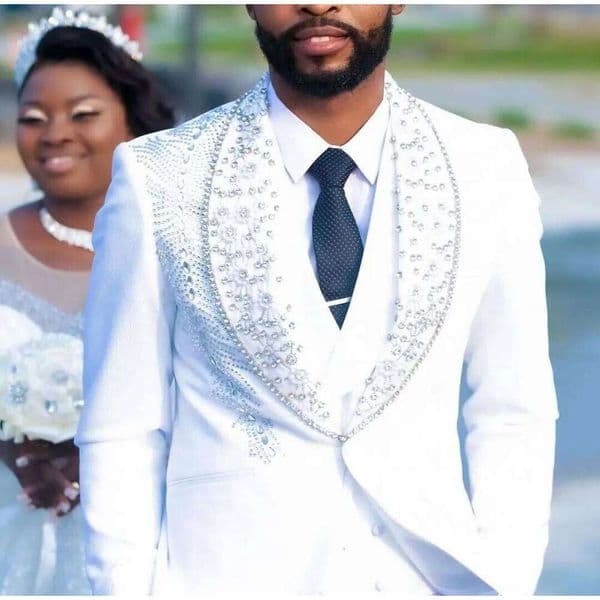 Luxury 3 Pieces Blazer Vest Pants Men Suits One Button Wide Lapel Formal Prom Beads Diamonds Wedding Groom Plus Size Tailored