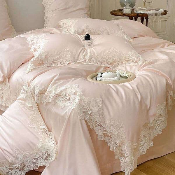 Light Pink Lace Embroidery Princess Bedding Set Luxury Egyptian Cotton Solid Color Quilt/Duvet Cover Bed Sheet Pillowcases S26