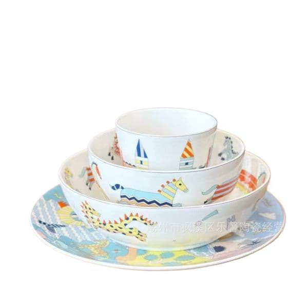 Playful Cartoon Animal Print Porcelain Bowl Plate Set Colorful Kids Ceramic Tableware for Home Kitchen Decor Gift