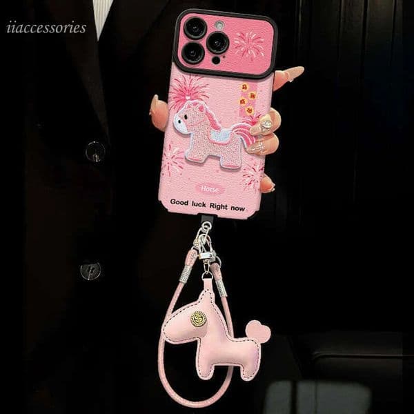 Phone Case For Embroidered Pony with Lanyard for iPhone 17 Pro Max 16 / 15, Silicone New Year Cover