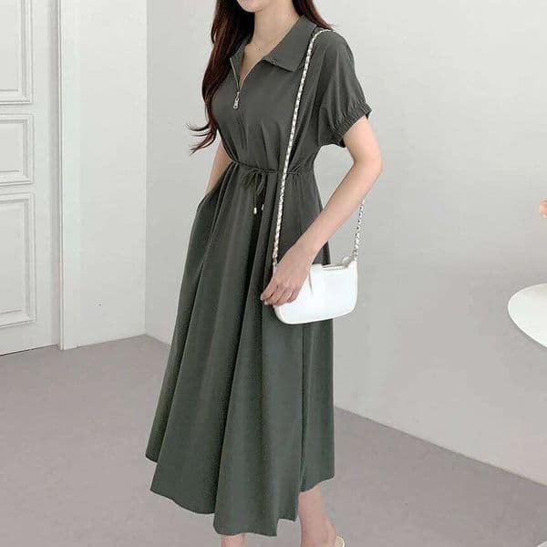 REALEFT Vintage Zipper Women's Shirt 2025 New Short Sleeve Lace-up Turn-down Collar Solid Casual Straight Loose Dresses Z260311