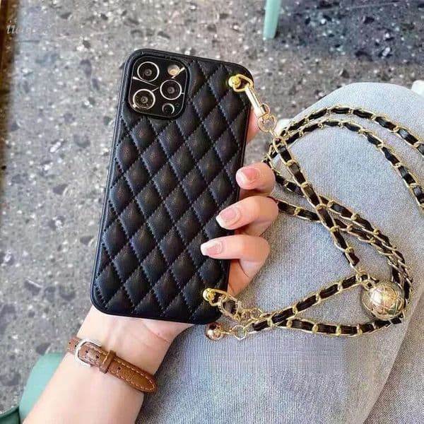 Quilted Leather Texture Case Gold Ball Crossbody Chain Strap Shockproof Protective Cover Compatible with iPhone 16 Pro Max 15 14