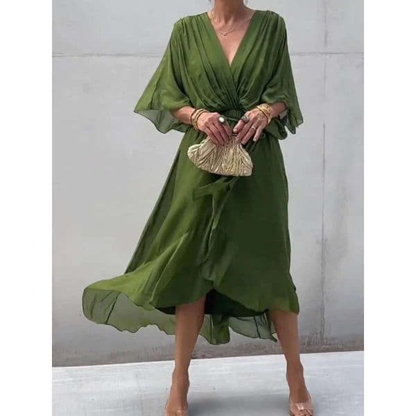 New European American women's clothing for cross-border Amazon: Solid color tie-dye long dress with bat sleeves and irregular hem, plus size