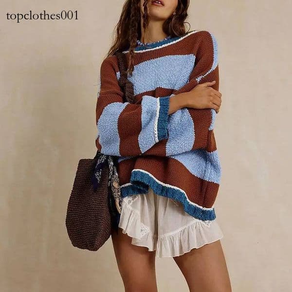 Women's Y2K Cute Round Neck Sweater Casual Stripe Contrast Color Loose Hoodie Knitted Street Wear