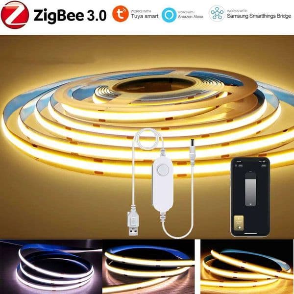 5V USB Tuya Zigbee 3.0 COB LED Strip Light 1m-5m Warm White Flexible Dimmable Lights 320leds/m Home Decoration for Alexa Google 26W0311