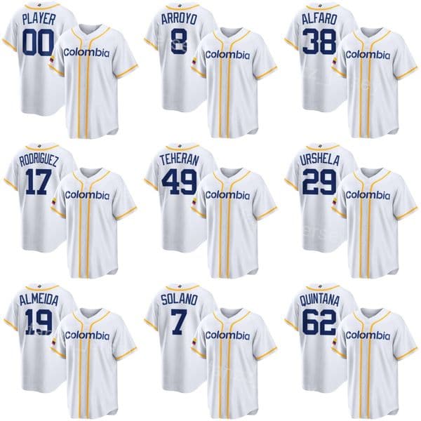 National 2026 Colombia Baseball Jersey World Baseball Classic WBC 62 Jose Quintana 49 Julio Teheran 77 Luis Patino 19 Adrian Almeida 38 Jorge Alfaro Men Youth Women