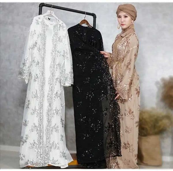 Eid Sequin Open Kimono Abaya Muslim Women Cardigan Dresses Ramadan Turkey Dubai Kaftan Islam Arab Robe Belted Jalabiya Caftan X260311