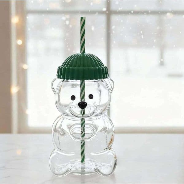 New 500ML Cartoon Bear Shaped Mug Glass Cup With Straw Transparent Creative Milk Coffee Water Cups Christmas Gift Drinks L260601