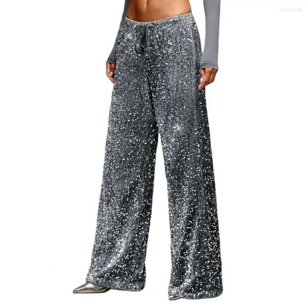 Women's Pants Women High Waisted Wide Leg Casual Trousers With Sequin Design Elastic Drawstring Waist Party