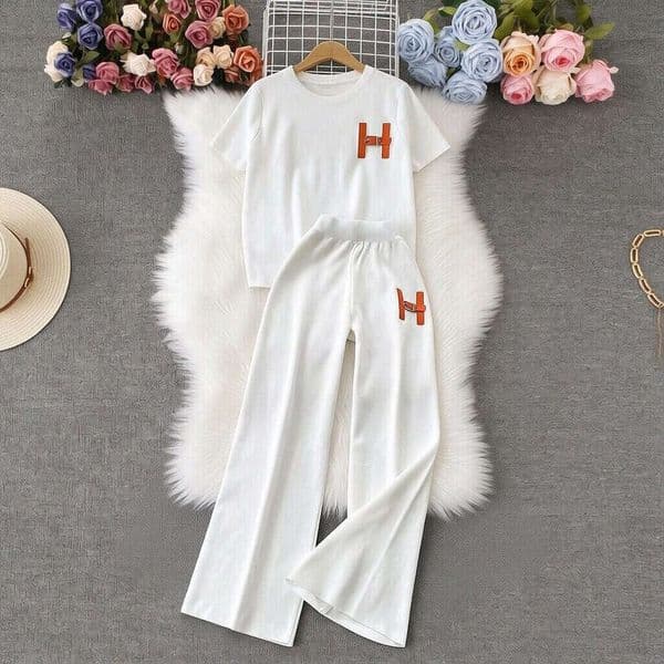 Women's new Korean version loose letter embroidered knitted T-shirt top+high waist slimming wide leg pants two-piece set