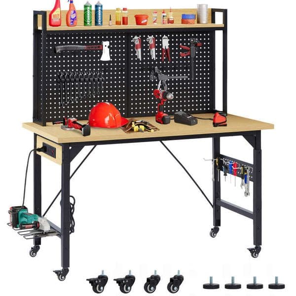 48''Adjustable pegboard, Heavy Duty Wooden Desktop Wheels, 1600 lb.Load Capacity, Rolling Workbench with AC/USB Outlet, Hooks, Shelf, for Garage, Workshop,
