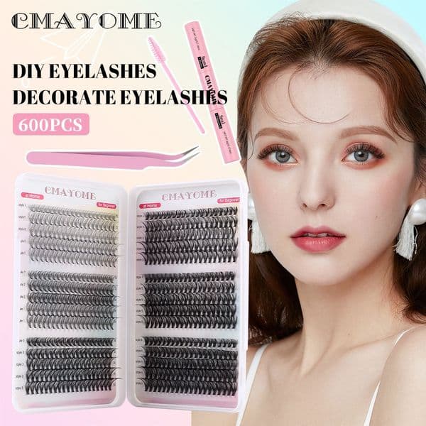600Pcs DIY Cluster Lashes Kit with Lash Bond & Seal Handmade Reusable D Curled DIY Individual Eyelashes Thick Fluffy Grafted Lashes Segmented Eyelash Extensions