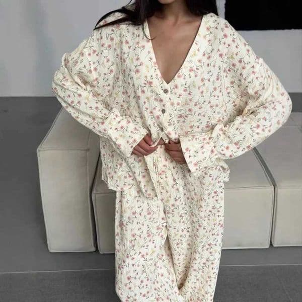 New 100 Cotton Printed Cardigan Pajama Set Womens New Autumn Long Sleeved Pants Pajamas Loose Home Clothing 2-piece Set 2026 N260311