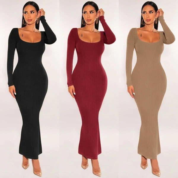 Women Ribbed Knit Long Sleeve Maxi Dress Slim Fit Solid Color Bodycon Pencil Long Dress Casual Fall Spring Clothes M260311