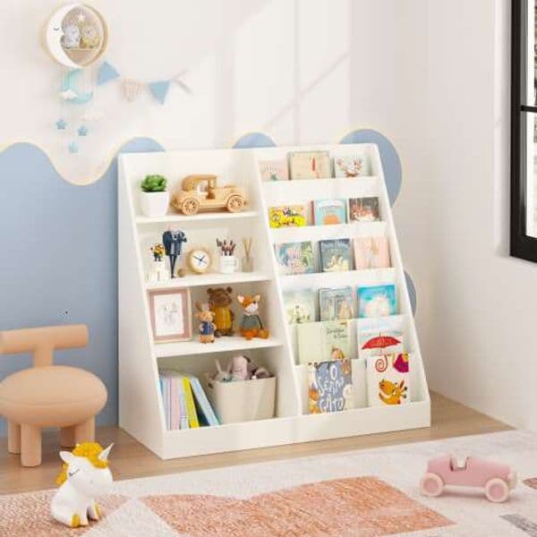 Bookshelf and Toy Storage Organizer, Multifunctional 4 Tier Wooden Book Shelf with Bookcase Display Stand in Kids Room Playroom Nursery for Kids, Children,