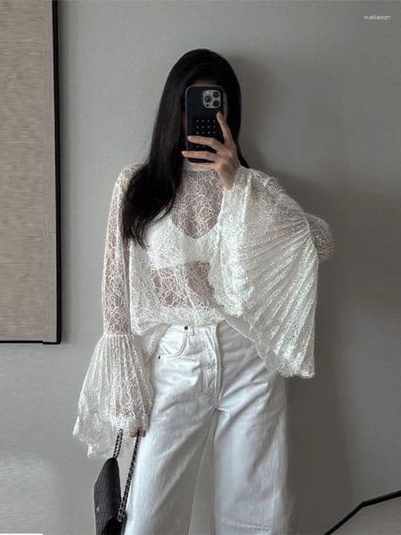 Women's T Shirts Sweet French Lace Ribbon Collar Slim Blouse Chic Flared Sleeve See Through Delicate Tops Lady Date Party Streetwears
