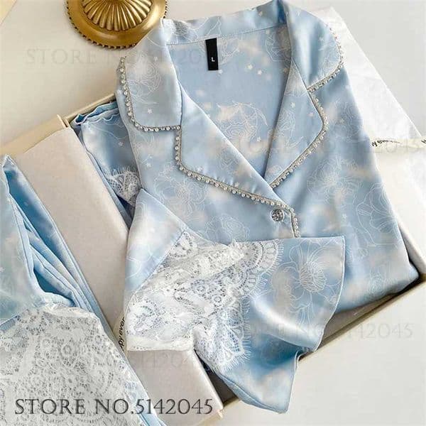Silk Satin Female Pajamas Sleepwear 2PCS Set Fashion Bead Lace Home Clothing Trouser Suits Spring New Loose Lounge Wear N260311