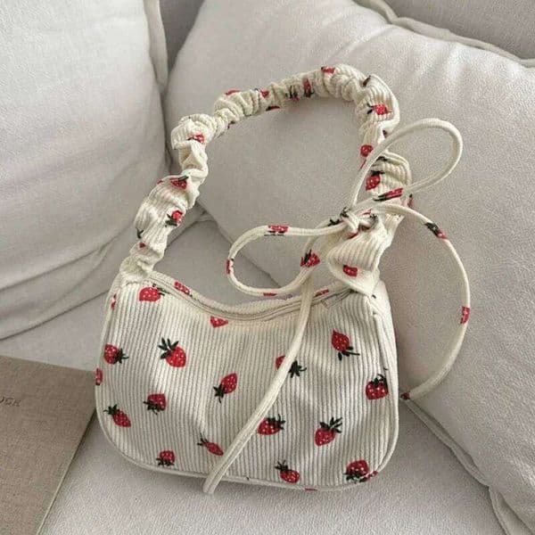 Women Small Underarm Bag Corduroy Handbag Cute Strawberry Print Little Tote Half Moon Design Eco Cloth Purse Mini Shoulder Bags XJ260311