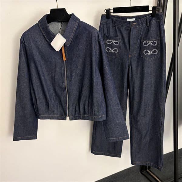 Women Vintage Wash Denim Jacket Wide Leg Jeans 2 Piece Set Trendy Zip Up Cropped Coat Letter Embroidered Long Pants Outfits