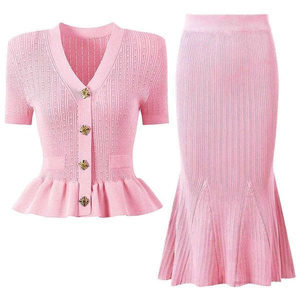 Five Color High Version New Diamond Button Versatile Short Sleeved Knitted Top Cardigan Fish Tail Slim Half Skirt Set