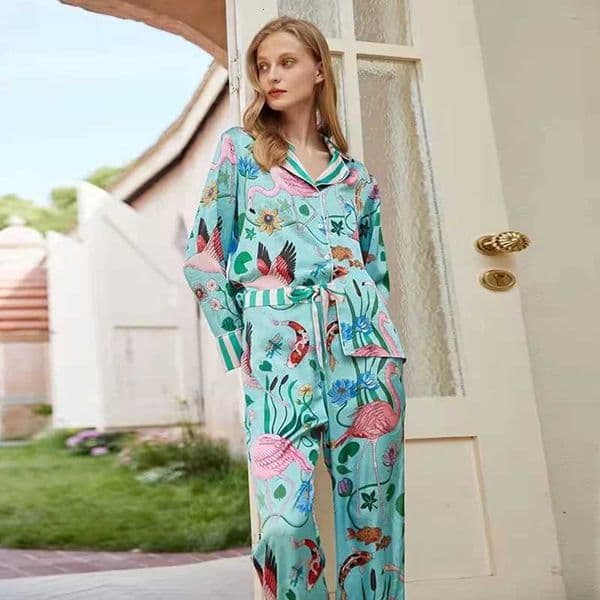 Print Sleepwear Spring Autumn Pajama Sets Long Sleeves Long Pants Pijamas Splicing Lapel Satin Silk Nightwear X260311