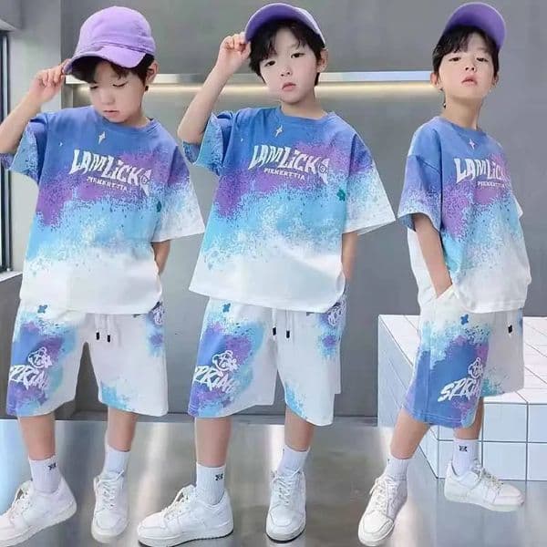 Boys Loose Casual Sets Summer Teen Gradient T-shirtsShorts 2Pcs Big Kids Sport Short Sleeve Clothes Suits Children Print Outfit 260311