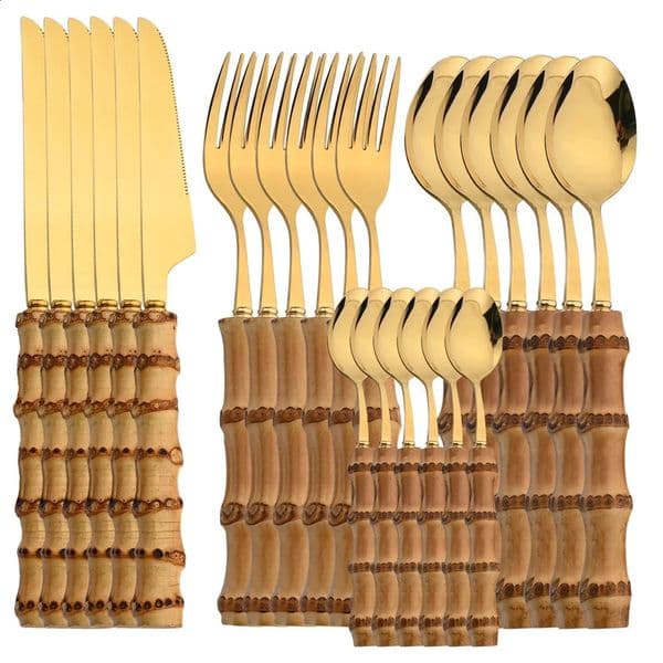 24Pcs Bamboo Tableware Sets Stainless Steel Bamboo Cutlery Set Purely Natural Handle Flatware Set Dinnerware Steak Knife Cutlery 260306