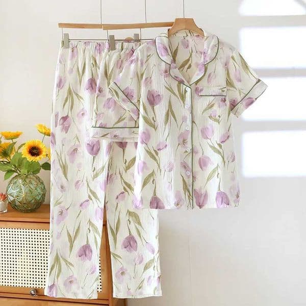 2026 New Womens Spring/Summer Pajama 3-Piece Set 100Cotton Crepe Short SleeveShortsPants Cute Large Home Furnishing Clothing X260311