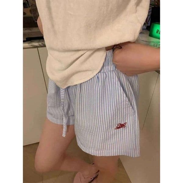 HOUZHOU Blue Striped Letter Embroidery Shorts Women Wide Leg Korean Fashion Short Pants Drawstring Baggy Casual Jorts Summer J260306